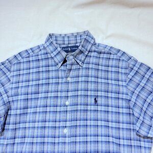 Ralph Lauren POLO Mens Shirt Large Blue Plaid Short Sleeve 100% Cotton